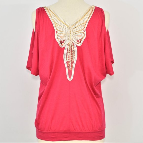 Y2k L8ter Butterfly Cold Shoulder V-Neck Top Blouse Fuchsia Pink Gold Sequin M - Picture 3 of 11
